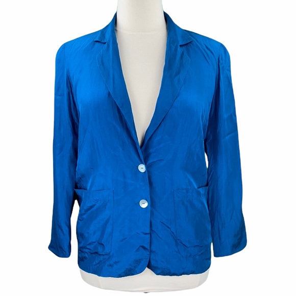 WinterSilks 100% Silk Teal Blue Satin Lined Double Button Long Sleeve Blazer